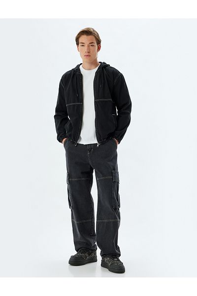Koton Übergroße Jeansjacke aus Baumwolle mit Kapuze – Taschendetail mit Reißverschluss