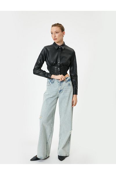 Koton Cămașă crop cu mânecă lungă cu aspect de piele - Detaliat corset, crop subțire cu nasturi