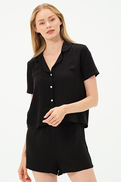 C&City Black Viscose Shirt and Shorts Set - 9156