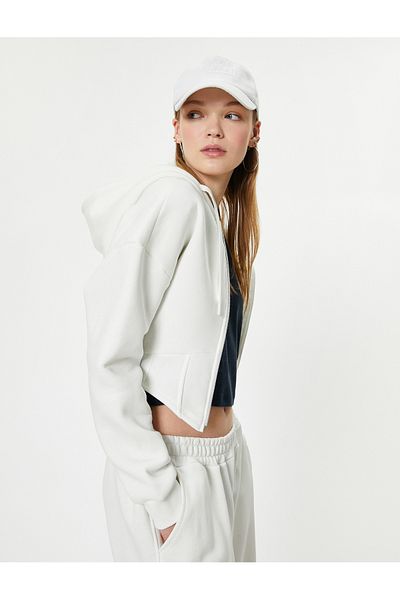 Koton Asymmetric Cut Hooded Sweatshirt - Zippered, Three Thread Raster, Slim Fit