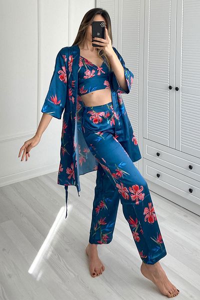 C&City 045 Gemustertes 3-teiliges Satin-Pyjama-Set für Damen, Türkis