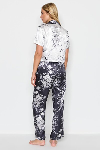 C&City Γυναικείο Satin Crop Shirt Παντελόνι Πιτζάμα Σετ 9066 Λευκό/μαύρο