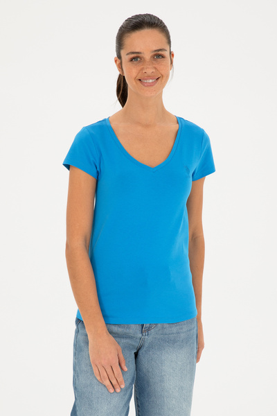 U.S. Polo Assn. Tricou albastru cobalt pentru femei cu decolteu în V basic 50...