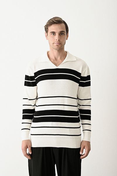 İLKCET MODA V-Neck Premium Striped Knitwear Men's Sweater