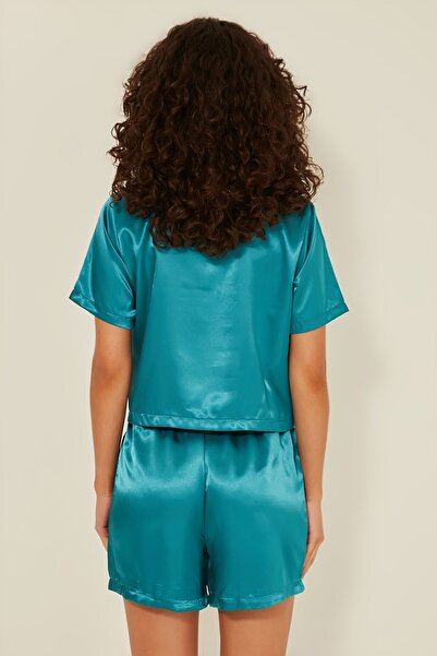 C&City 044 Kadın Saten Crop Gömlek Şort Takım Petrol