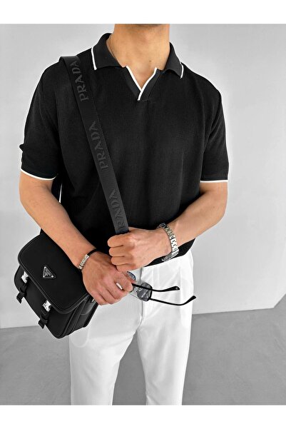 ablukaonline Ανδρικό πλεκτό μπλουζάκι με λαιμόκοψη πόλο μαύρο