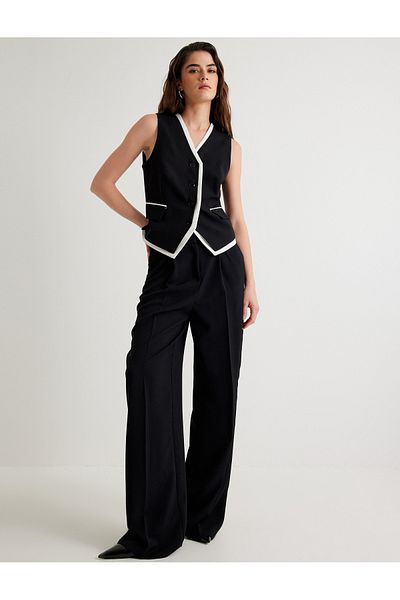 Koton V-Neck Buttoned Color Contrast Vest with Pockets