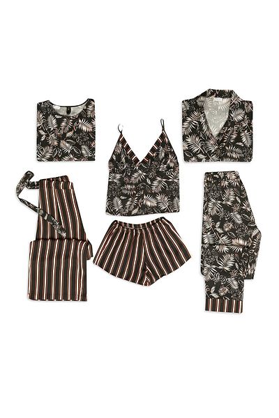 C&City Schwarzes 6-teiliges Pyjama-Set mit Viskose-Muster, Modell 9502