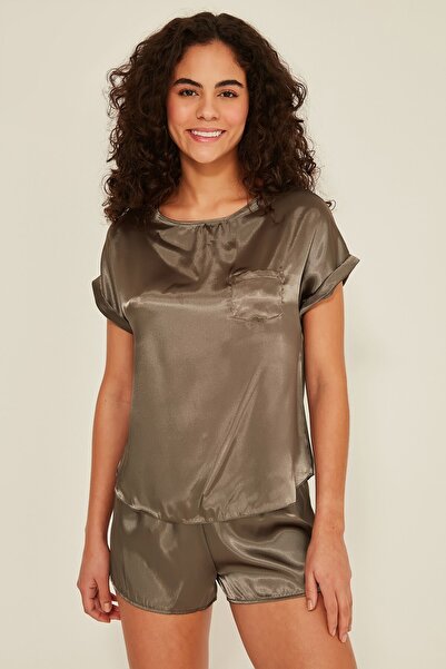 C&City 080 Γυναικείο Σατέν T-shirt Σορτς Σετ Πράσινο Σκούρο