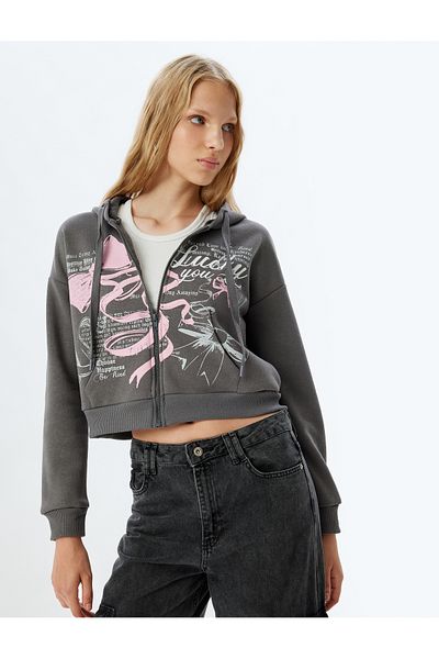 Koton Hooded ZipperedCropSweatshirt - Printed Pocket Detail