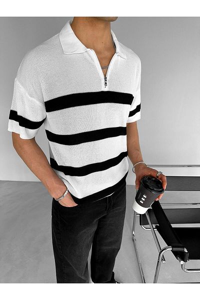 ablukaonline Ecru Men's Knitwear T-Shirt - Oversize Fit, Zippered Polo Collar, Striped