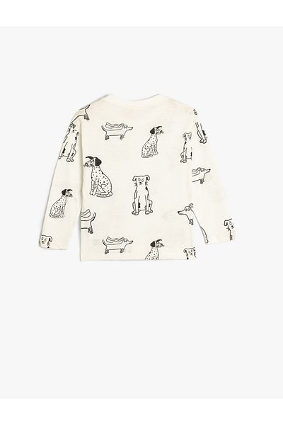 Koton Dog Printed Cotton Long Sleeve Crew Neck T-Shirt