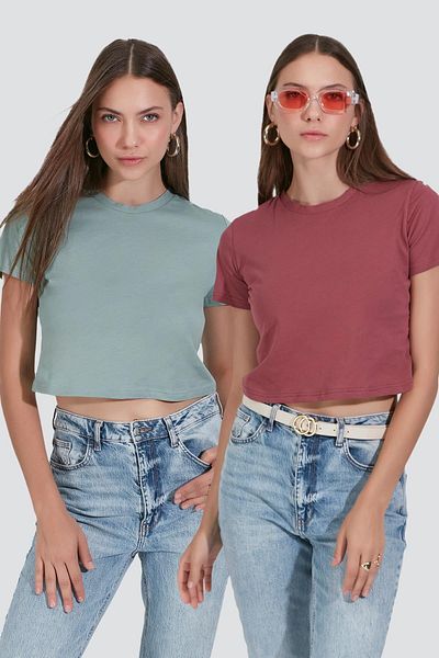 C&City T-shirt Çağla/Dried Rose 2-Piece Crop - Crew Neck, κοντό μανίκι 956
