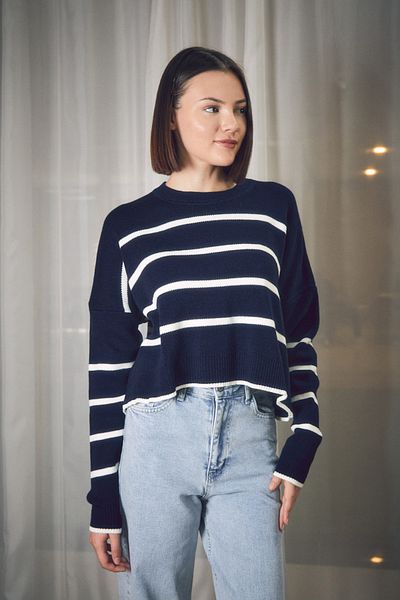 Fulla Moda Striped Crew Neck Crop Knitwear Sweater