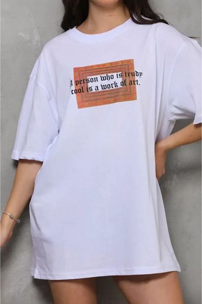 JANES Λευκό μπλουζάκι Unisex Oversize με στάμπα με λαιμόκοψη