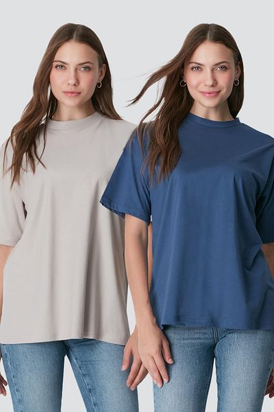 C&City Μπλουζάκι Casual Basic 2 τεμαχίων - Crew Neck, κοντό μανίκι, Indigo/Grey 961