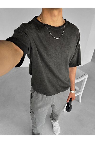 ablukaonline Tricou negru pentru bărbați - 100% bumbac, învechit, respirabil, supradimensionat
