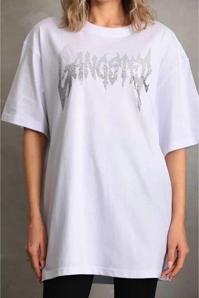 Viyamo Λευκό μπλουζάκι Unisex με πέτρινο σχέδιο Oversize
