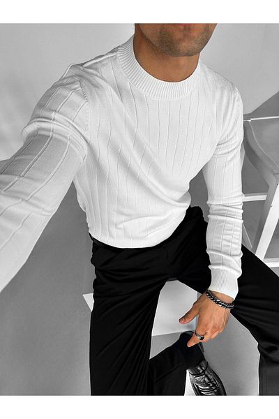 ablukaonline Men's Striped Ecru Knitwear Sweater - Round Neck
