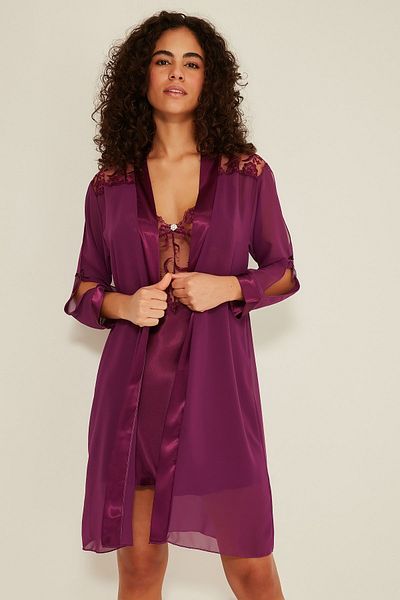 C&City 047 Damen-Nachthemd-Morgenmantel-Set aus Satin, Lila