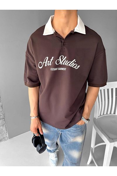 ablukaonline Ανδρικό μπλουζάκι Polo Neck Oversize Βαμβακερό - 3 Κουμπιά, Καφέ