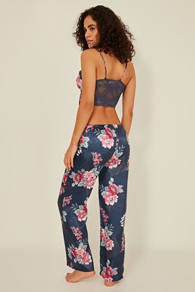 C&City 045 Kadın Desenli 3 Lü Saten Pijama Takım Indigo