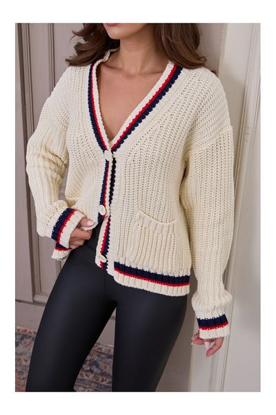 Elif Özbey Butik Ecru Striped Thessaloniki Knitted Cardigan