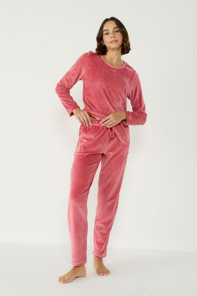 C&City Dried Rose Velvet Pajama Set - Crew Neck, Off Shoulder, Long Sleeve, Pocket 403092