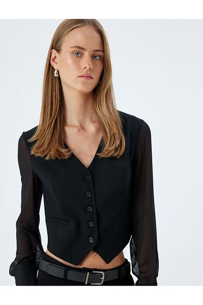Koton Long Tulle Sleeve V-Neck Buttoned Pocket Crop Vest