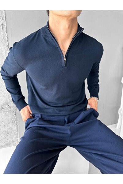 ablukaonline Men's Half Zipper Polo Collar Sweater Navy Blue