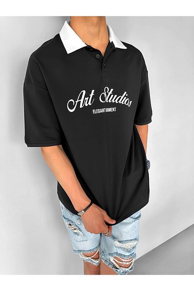 ablukaonline Ανδρικό μπλουζάκι Polo Neck Oversize Βαμβακερό - Ευέλικτο, 3 Κουμπιά, Μαύρο