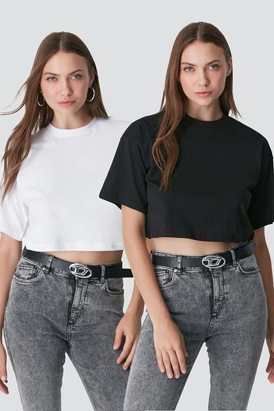 C&City Crew Neck Black/White Crop T-Shirt 959 - Πακέτο 2