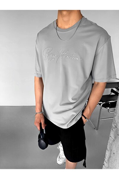 ablukaonline Gray Men's Oversize T-Shirt - Embroidered 'Big Atlention'