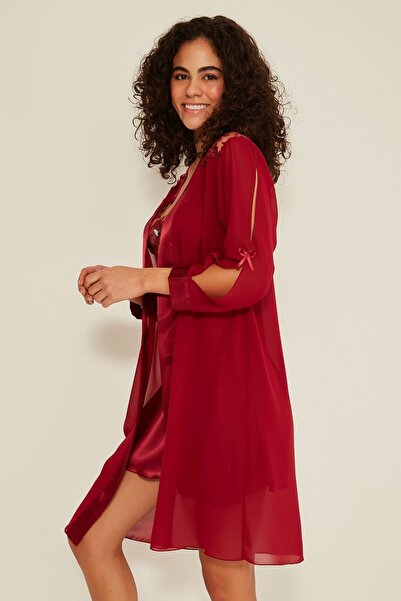 C&City 047 Γυναικείο Σατέν Νυχτικό Σετ Κόκκινο Claret