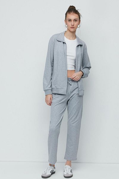 C&City Women's Collared Front Zippered Straight Leg Tracksuit 9701 Gray