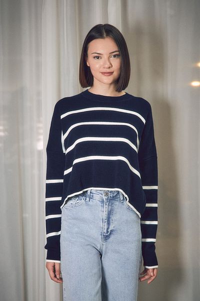 Fulla Moda Striped Crew Neck Crop Knitwear Sweater