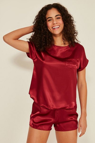 C&City 080 Women's Satin T-shirt Shorts Set Claret Red