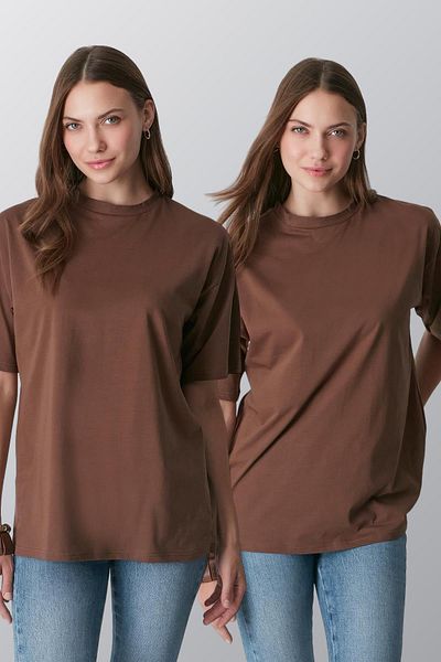 C&City Μπλουζάκι 2 τεμαχίων καφέ Casual Basic - Crew Neck, κοντό μανίκι 961