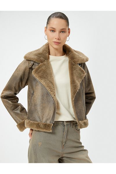 Koton Fur Collar Zippered Pocket Biker Coat