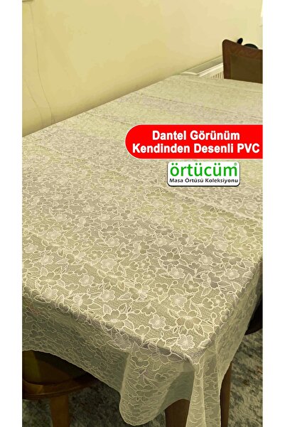 Örtücüm Lüks Dantel Görünümlü Pvc Muşamba Mutfak Masa Örtüsü Krem Motifli Sil...