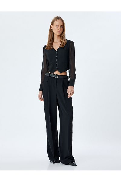 Koton Long Tulle Sleeve V-Neck Buttoned Pocket Crop Vest
