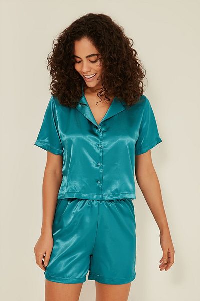 C&City 044 Set pantaloni scurti de cămașă crop din satin pentru damă Petrol