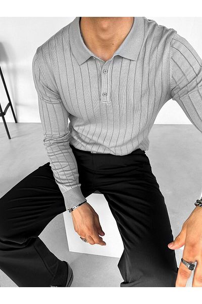 ablukaonline Men's Polo Collar Buttoned Ribbed Knitwear Sweater Gray