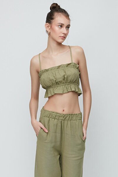 C&City Organic Cotton Muslin Crop Bustier Trousers Set 9124 Khaki