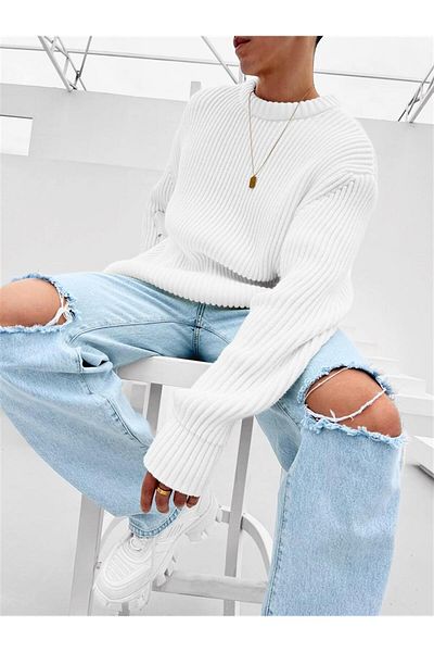 ablukaonline White Men's Extra Oversize Ribbed Sweater