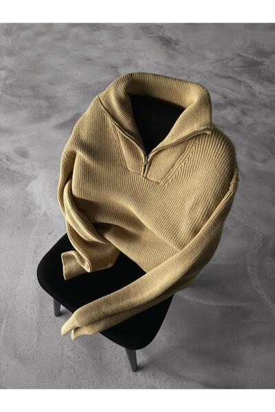 ablukaonline Μπεζ ανδρικό πλεκτό πουλόβερ - Μισό φερμουάρ