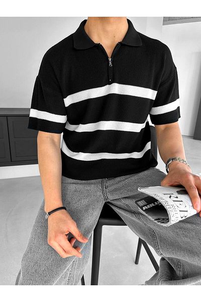 ablukaonline Μαύρο μπλουζάκι Polo Neck ριγέ Oversize πλεκτό - με φερμουάρ