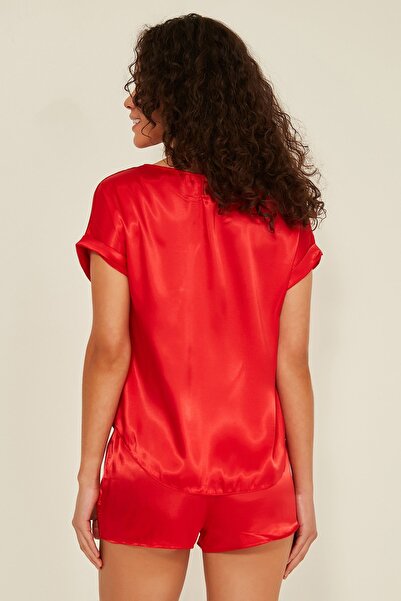 C&City 080 Kadın Saten T-shirt Şort Takım Kırmızı