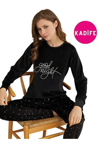 bie's Black Star Good Night - Velvet Winter Long Sleeve Pajama Set with Crew Neck and Ankle Elastics