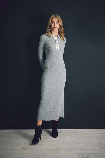 Fulla Moda Βασικό Πλεκτό Φόρεμα με γιακά πουκάμισο με μισό κουμπί